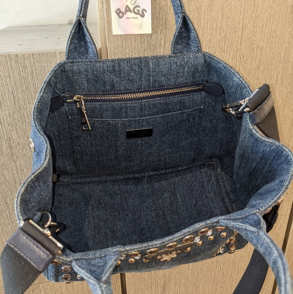 Prada: Denim Rhinestone Bijoux Canapa Crossbody Tote Bag ๐ - Picture 16 of 17